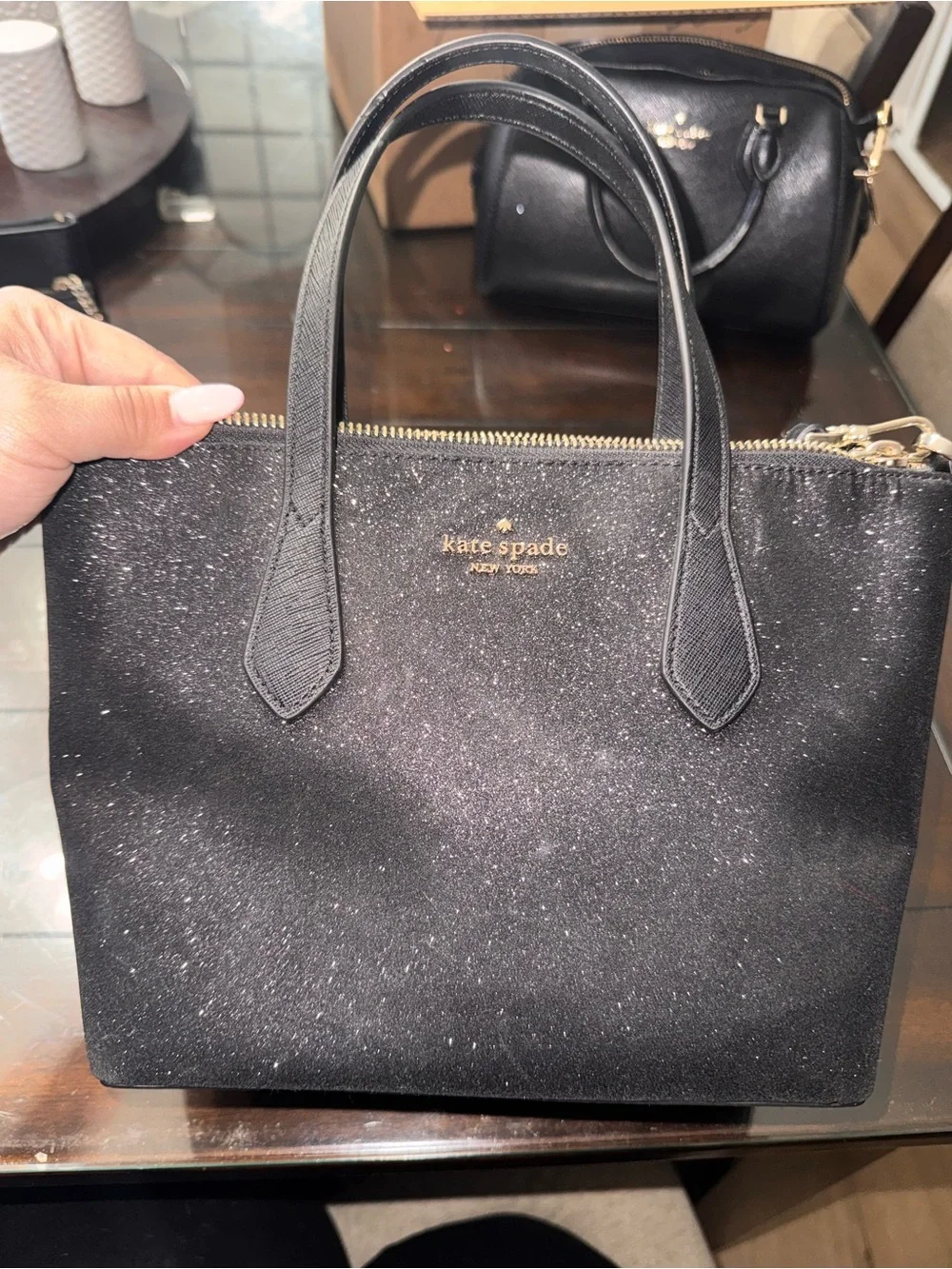 kate spade Black Glitter Small Satchel with Gold Hardware